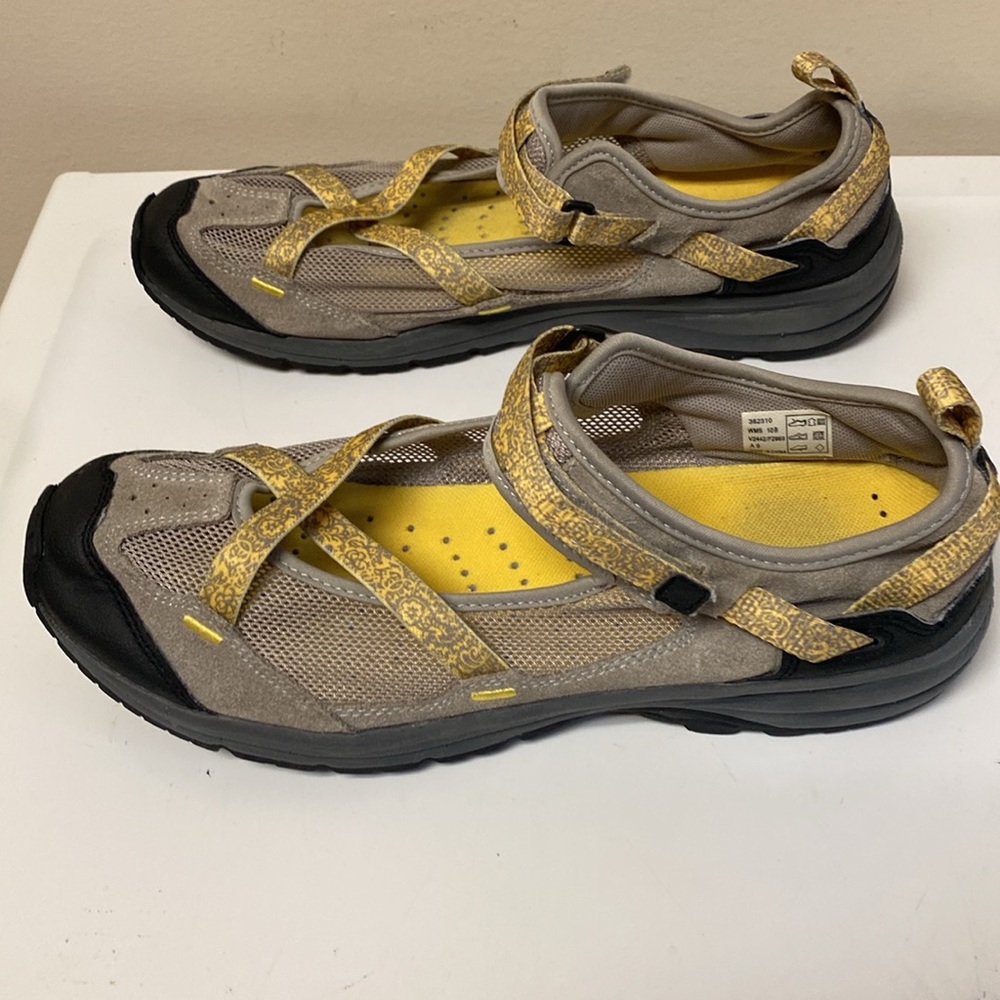 Lands’ End Women’s 10M Sport Sandals Yellow/Gray Leather Adjustable Closure - Picture 3 of 8